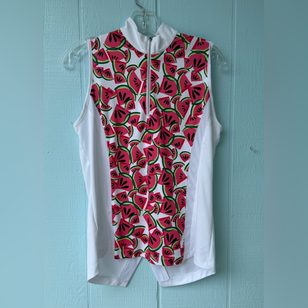 PGA Tour Golf Tank Top Watermelon Print Mock Polyester Neck Zip EUC Women M